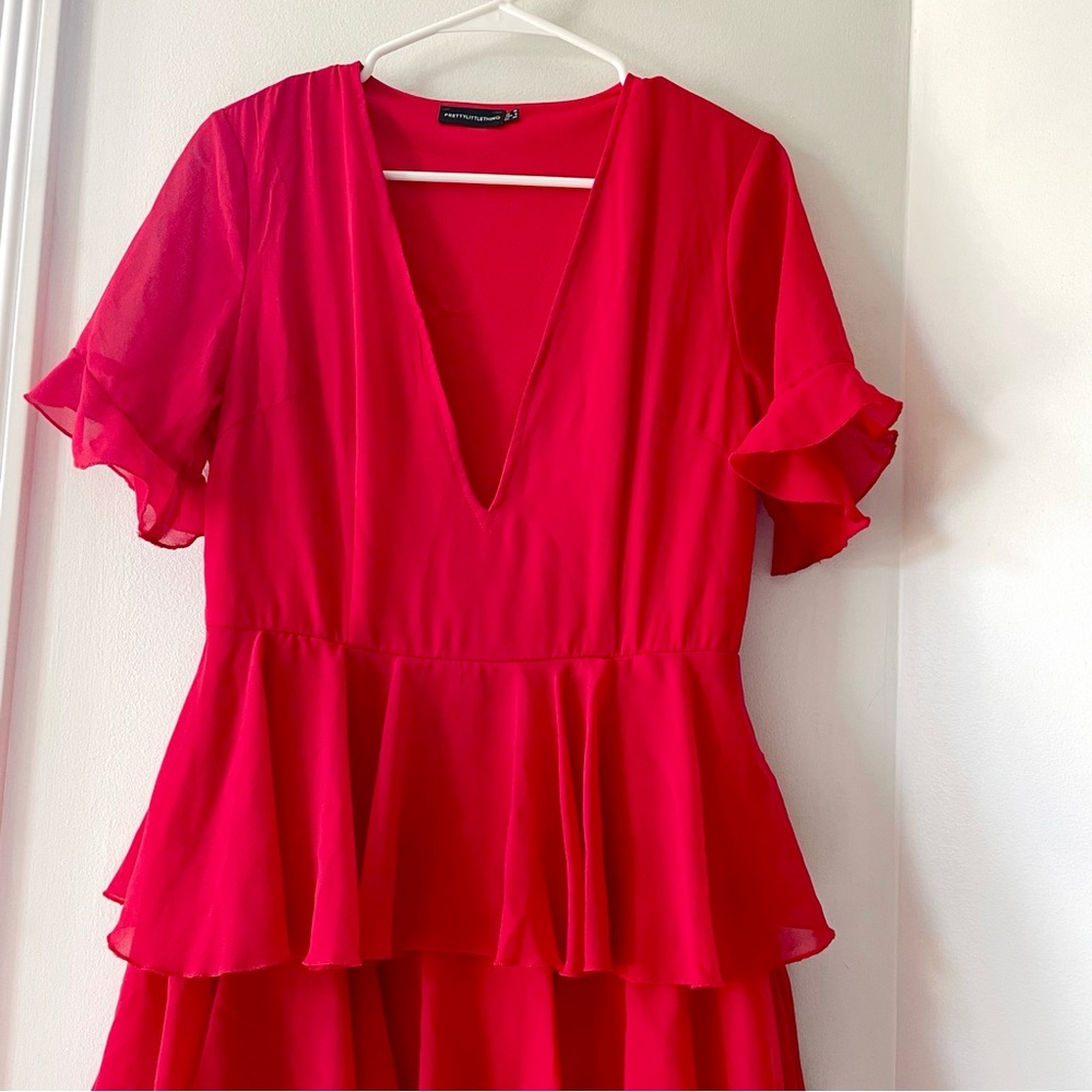 PrettyLittleThing Red Chiffon Ruffle Layer Maxi Dress | Size 6 - Picture 3 of 10